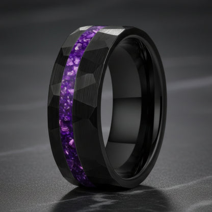 Hammered Tungsten ring with purple inlay