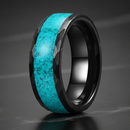 Hammered Turquoise Tungsten Ring – 8mm Wedding Band