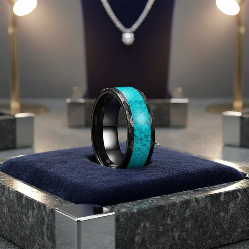 Hammered Turquoise Tungsten Ring – 8mm Wedding Band