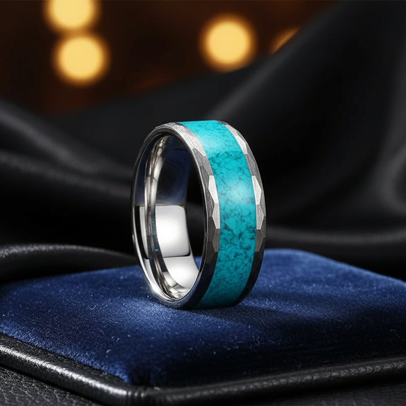Hammered Turquoise Tungsten Ring – 8mm Wedding Band