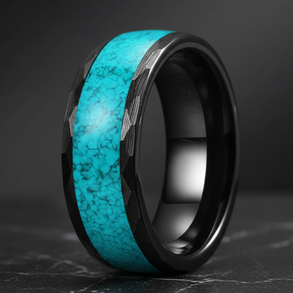 Hammered Turquoise Tungsten Ring – 8mm Wedding Band