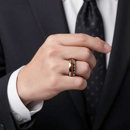 Hand-Cut Wood Inlay 8mm Tungsten Ring for Men