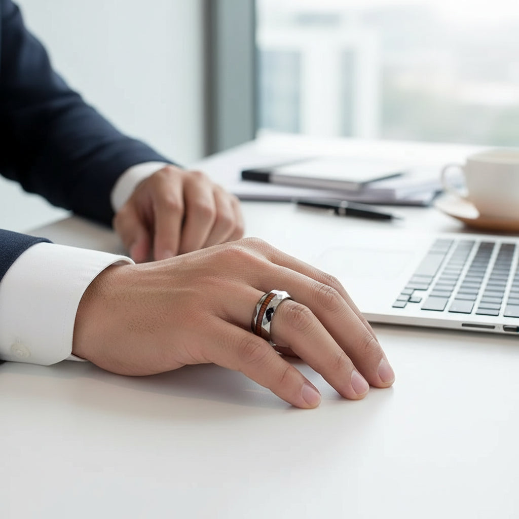 Hand-Cut Wood Inlay 8mm Tungsten Ring for Men