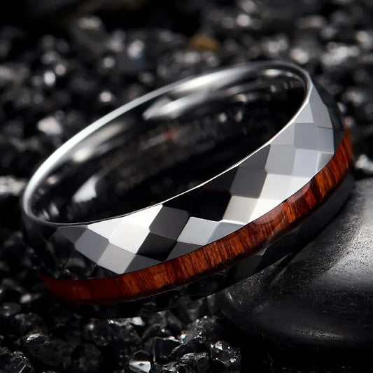 Hand-Cut Wood Inlay 8mm Tungsten Ring for Men