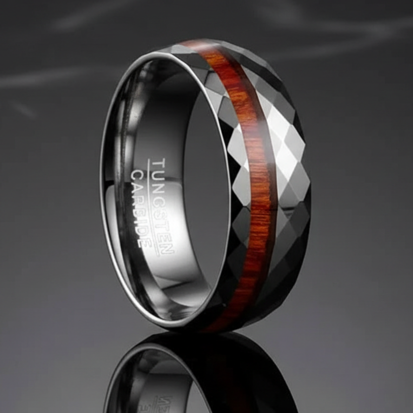 Hand-Cut Wood Inlay 8mm Tungsten Ring for Men