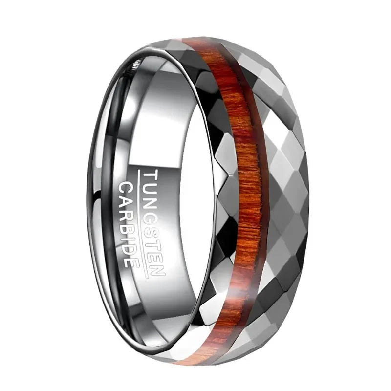 Hand-Cut Wood Inlay 8mm Tungsten Ring for Men