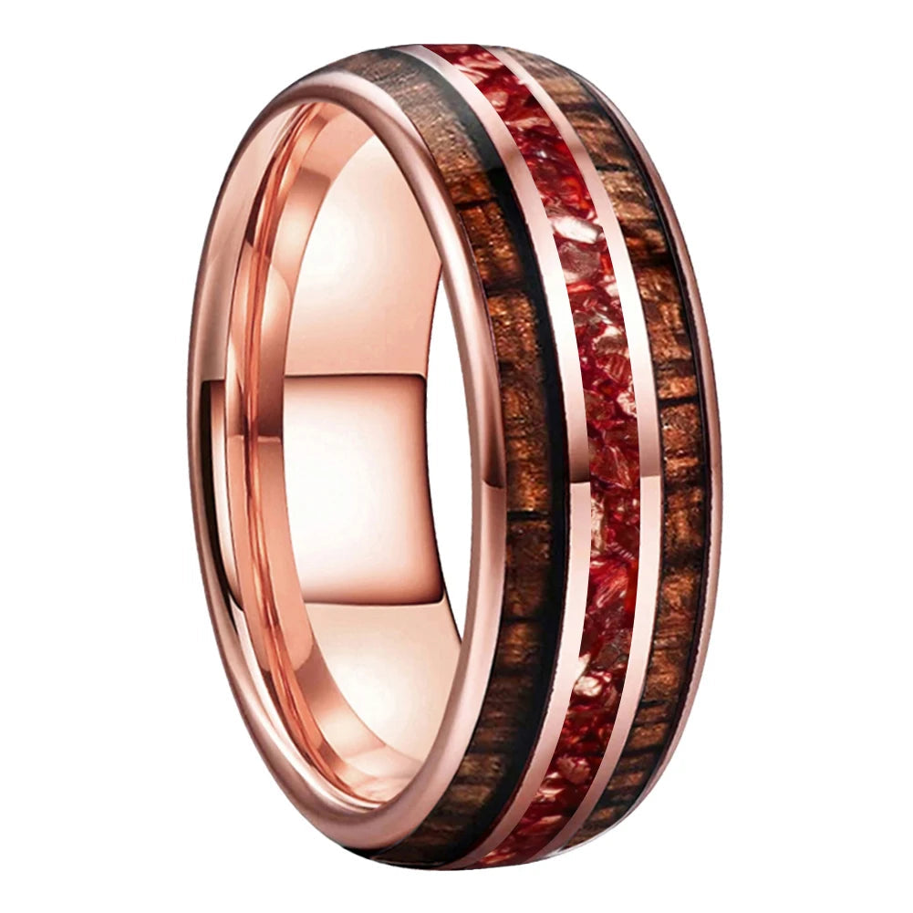 8mm Hawaiian Koa Wood Red Crystal Tungsten Ring