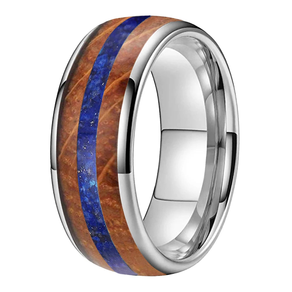 Inlaid Blue Opal Wood Tungsten Ring