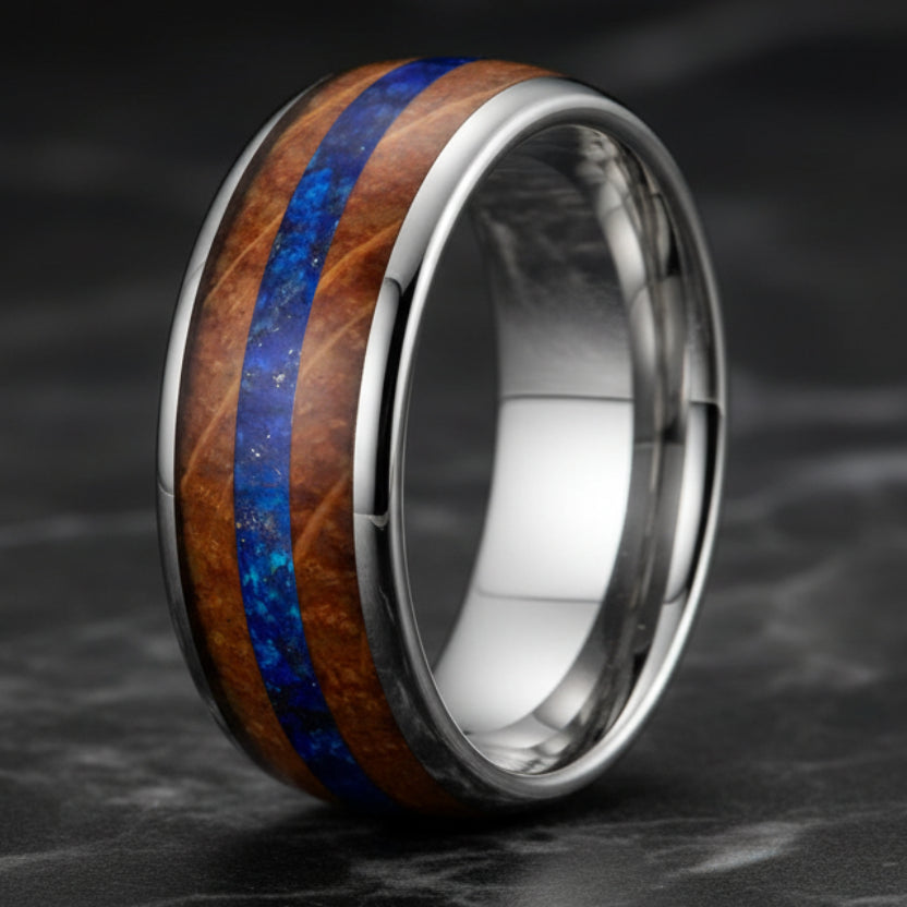 Inlaid Blue Opal Wood Tungsten Ring