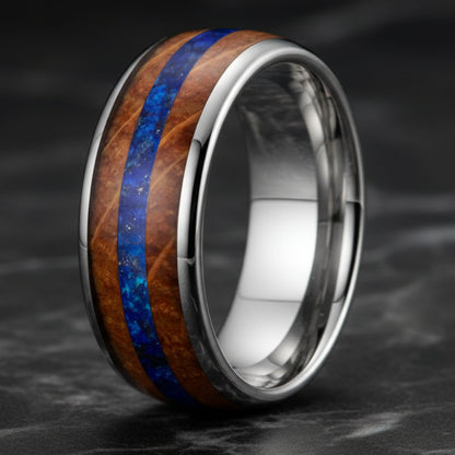 Inlaid Blue Opal Wood Tungsten Ring