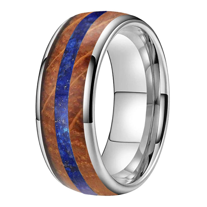 Inlaid Blue Opal Wood Tungsten Ring