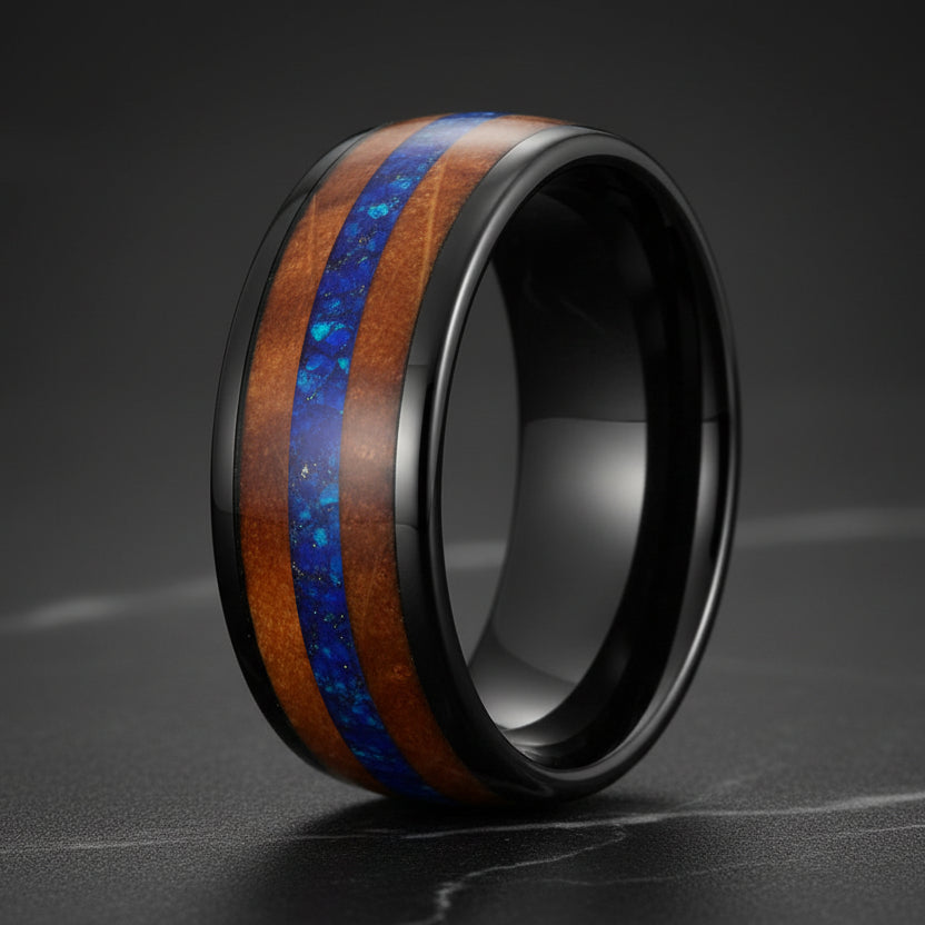 Inlaid Blue Opal Wood Tungsten Ring