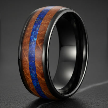 Inlaid Blue Opal Wood Tungsten Ring