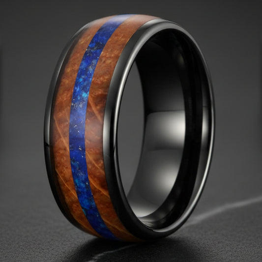 Inlaid Blue Opal Wood Tungsten Ring