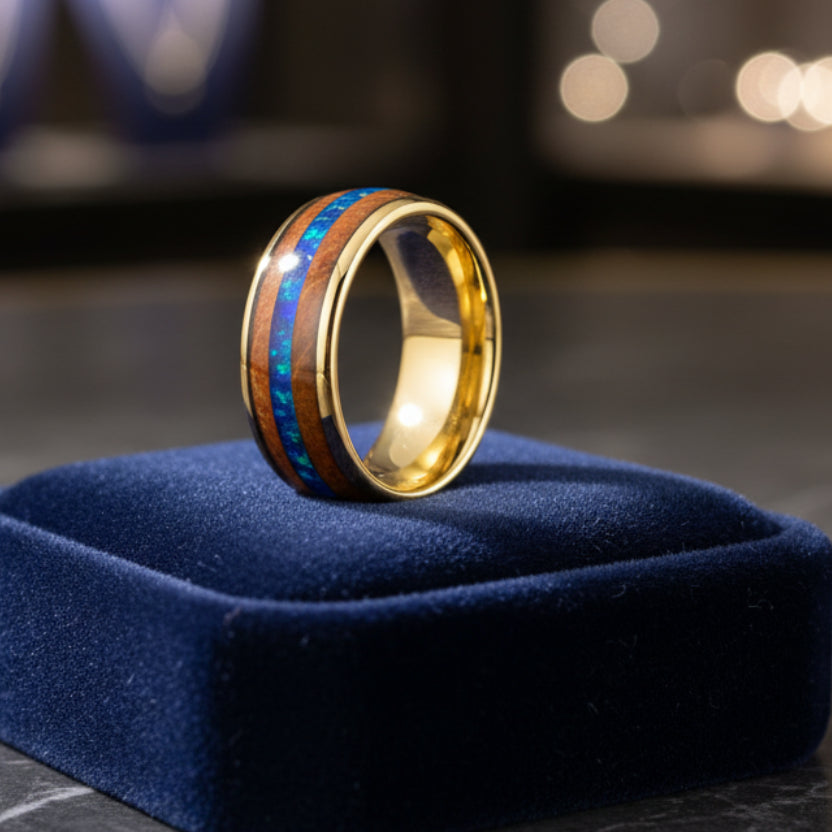 Inlaid Blue Opal Wood Tungsten Ring