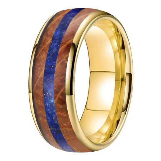 Inlaid Blue Opal Wood Tungsten Ring
