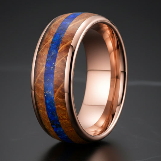 Inlaid Blue Opal Wood Tungsten Ring