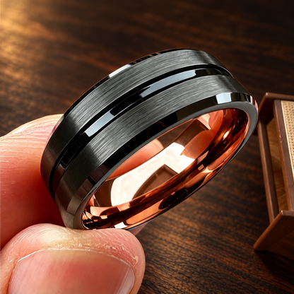 Black and Rose Gold Tungsten  wedding band