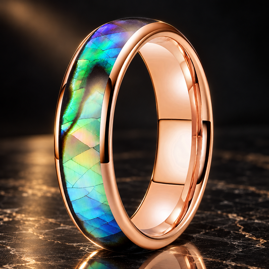 Domed Tungsten Ring with Abalone Shell Inlay