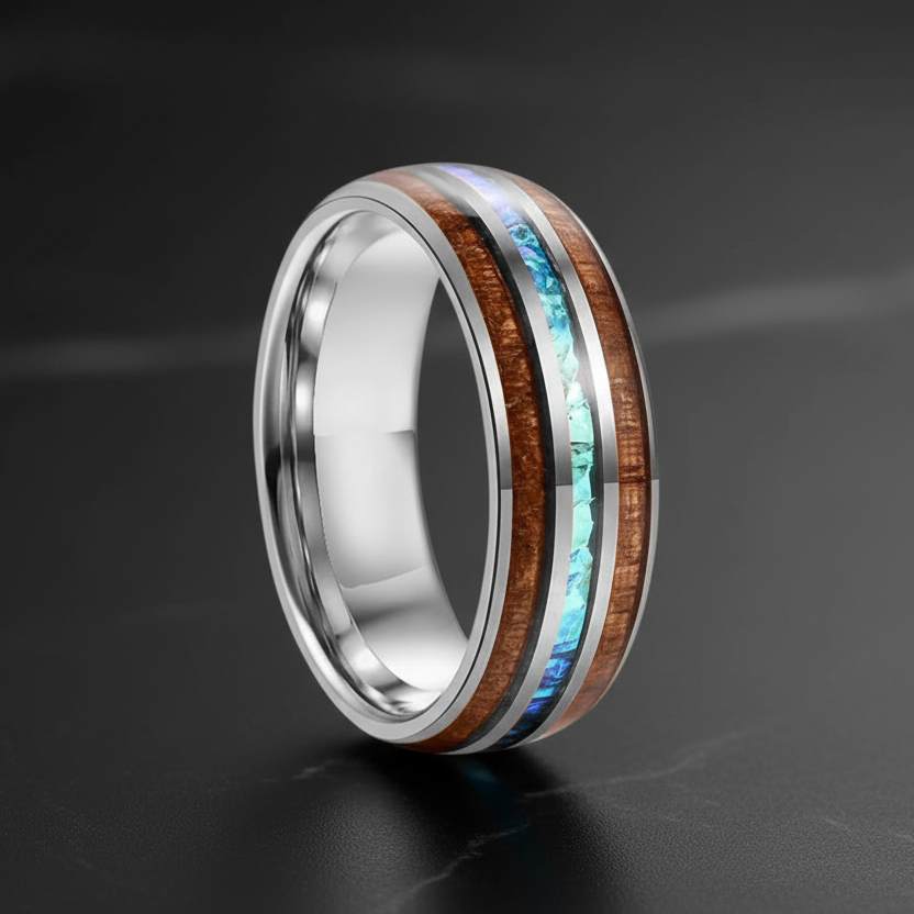 Koa Wood & Acacia Opal Inlay Tungsten Band