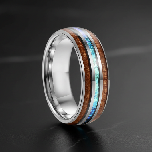 Koa Wood & Acacia Opal Inlay Tungsten Band