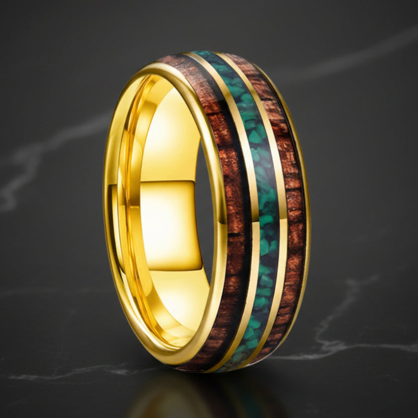 Koa Wood & Green Malachite Tungsten Wedding Band
