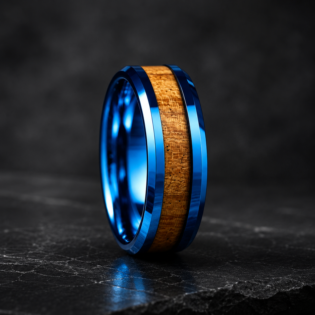 Koa Wood Tungsten Ring with Beveled Polished Finish