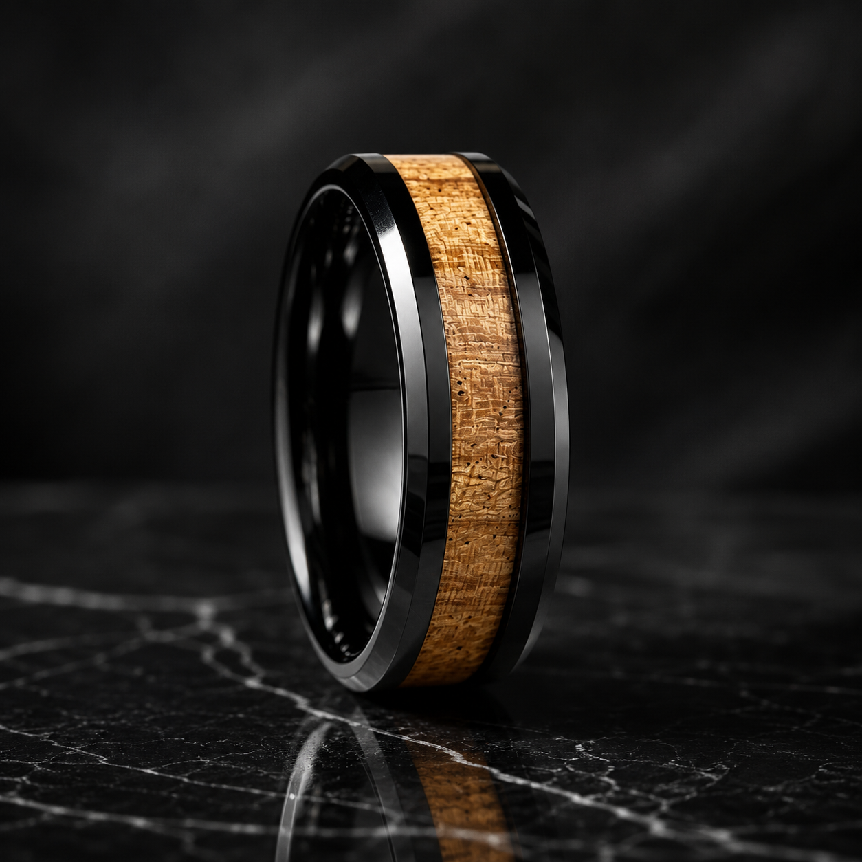 Koa Wood Tungsten Ring with Beveled Polished Finish