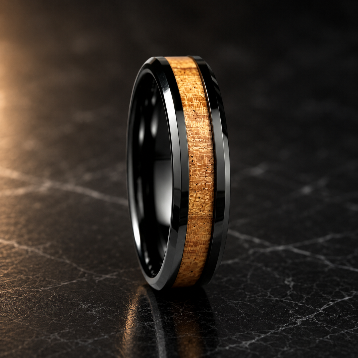 Koa Wood Tungsten Ring with Beveled Polished Finish