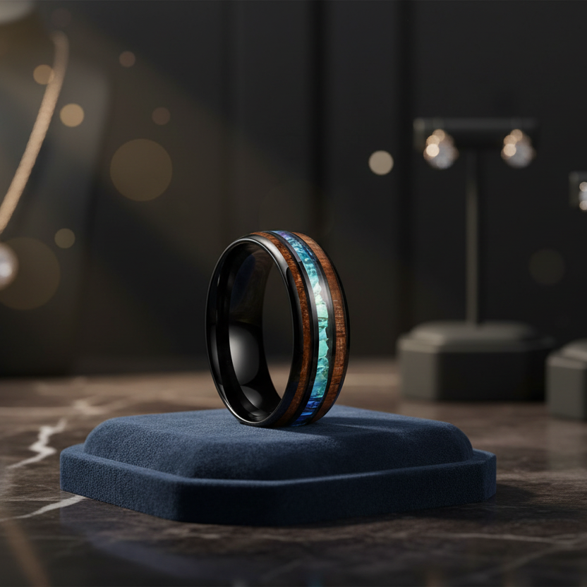 Koa Wood & Acacia Opal Inlay Tungsten Band
