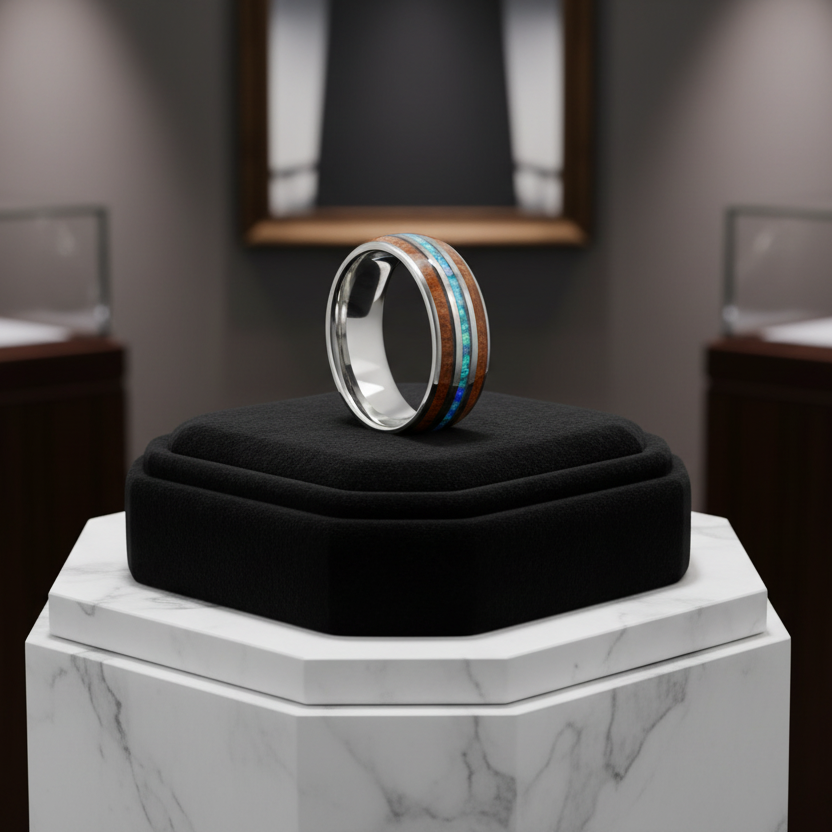 Koa Wood & Acacia Opal Inlay Tungsten Band