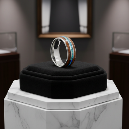 Koa Wood & Acacia Opal Inlay Tungsten Band