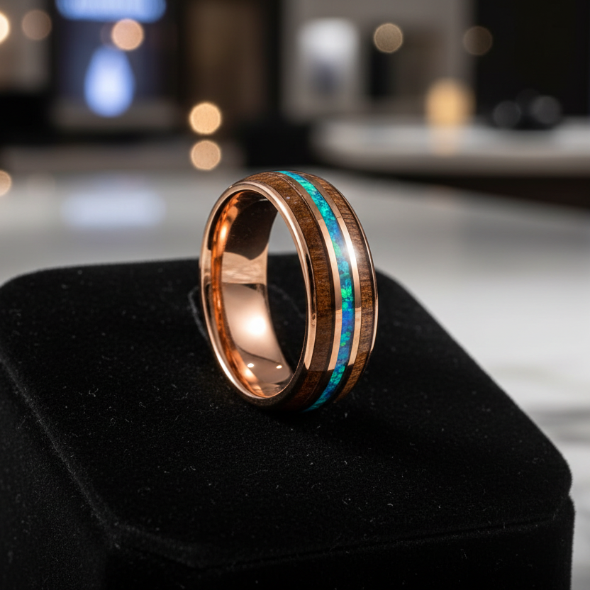 Koa Wood & Acacia Opal Inlay Tungsten Band