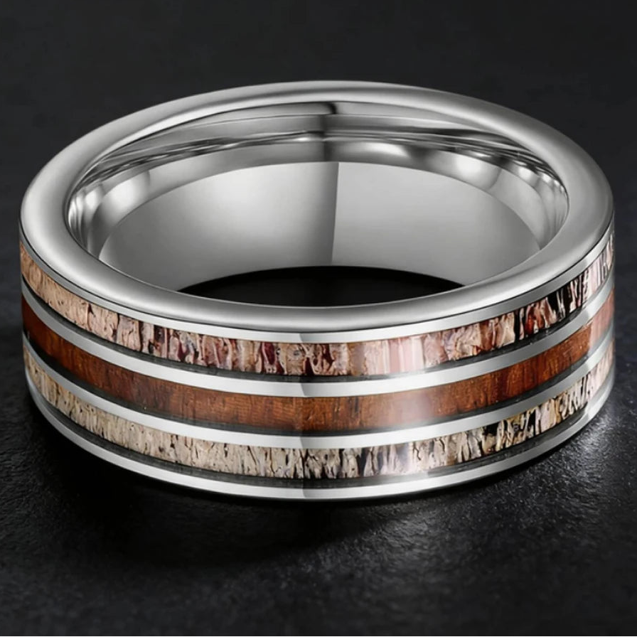  Koa Wood & Deer Antler Tungsten Ring – 8mm Wedding Band