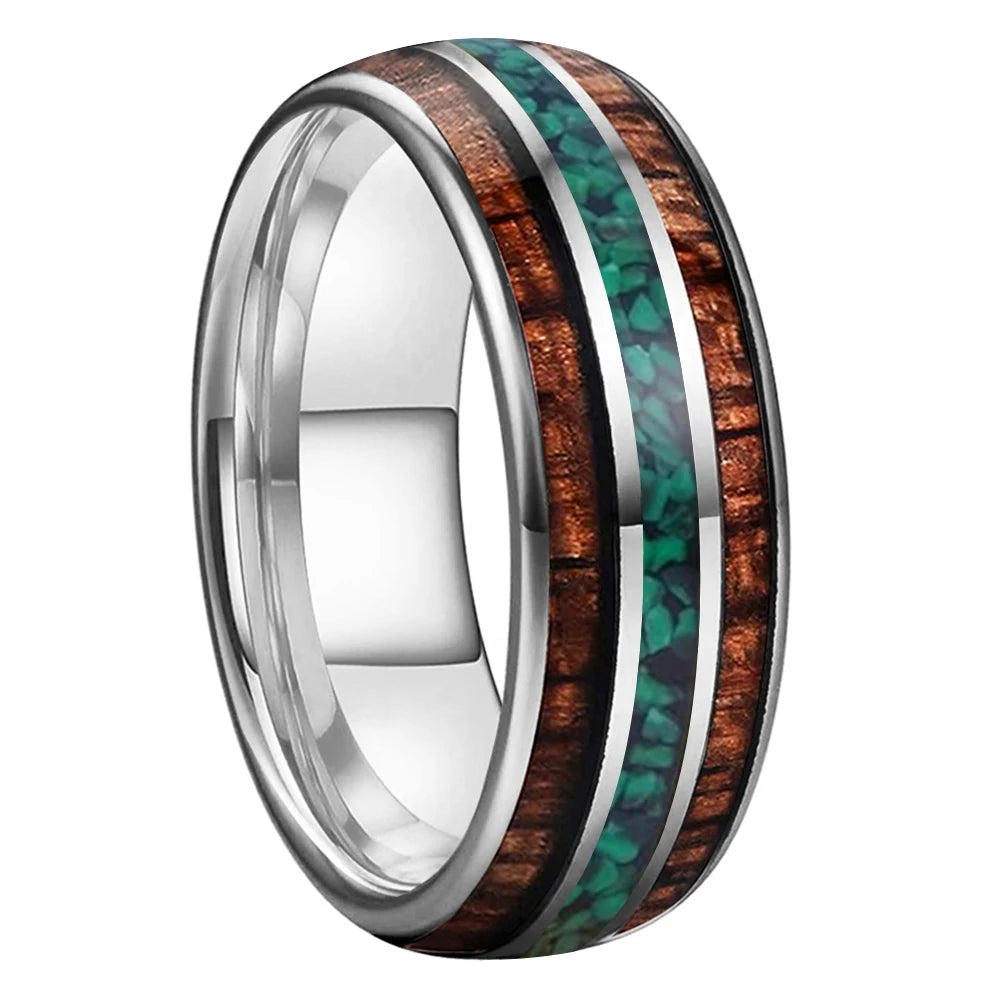 Koa Wood & Green Malachite Tungsten Wedding Band