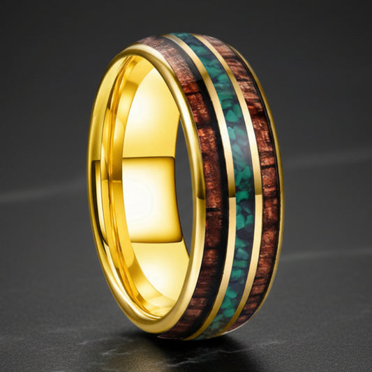 Koa Wood & Green Malachite Tungsten Wedding Band