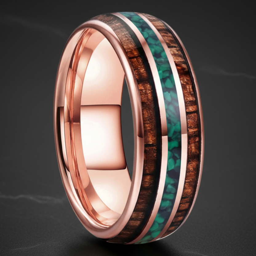 Koa Wood & Green Malachite Tungsten Wedding Band