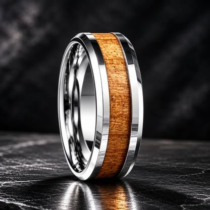 Koa Wood Tungsten Ring with Beveled Polished Finish