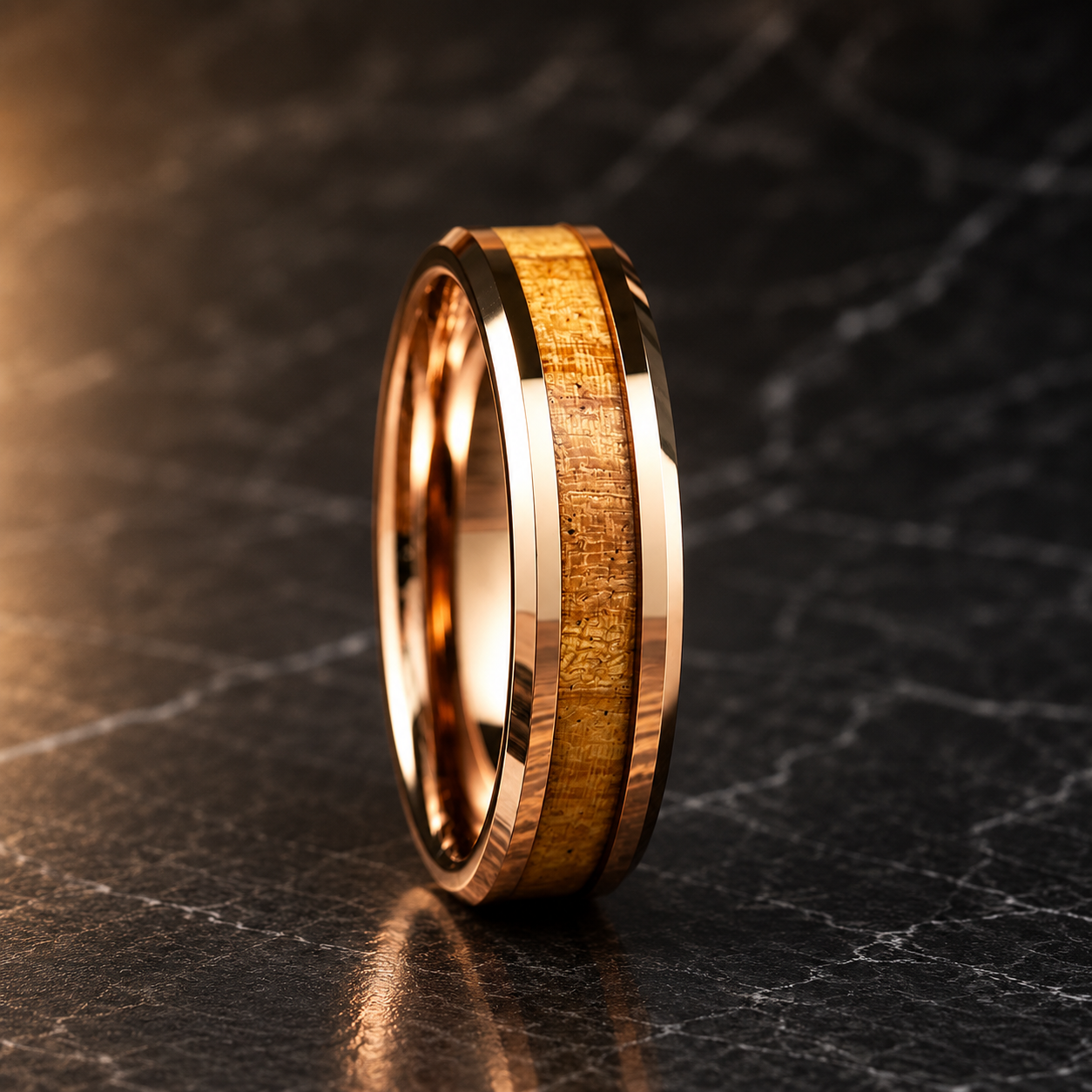 Koa Wood Tungsten Ring with Beveled Polished Finish
