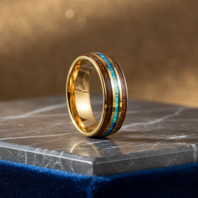 Koa Wood & Acacia Opal Inlay Tungsten Band