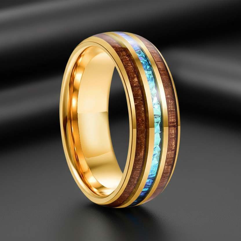 Koa Wood & Acacia Opal Inlay Tungsten Band