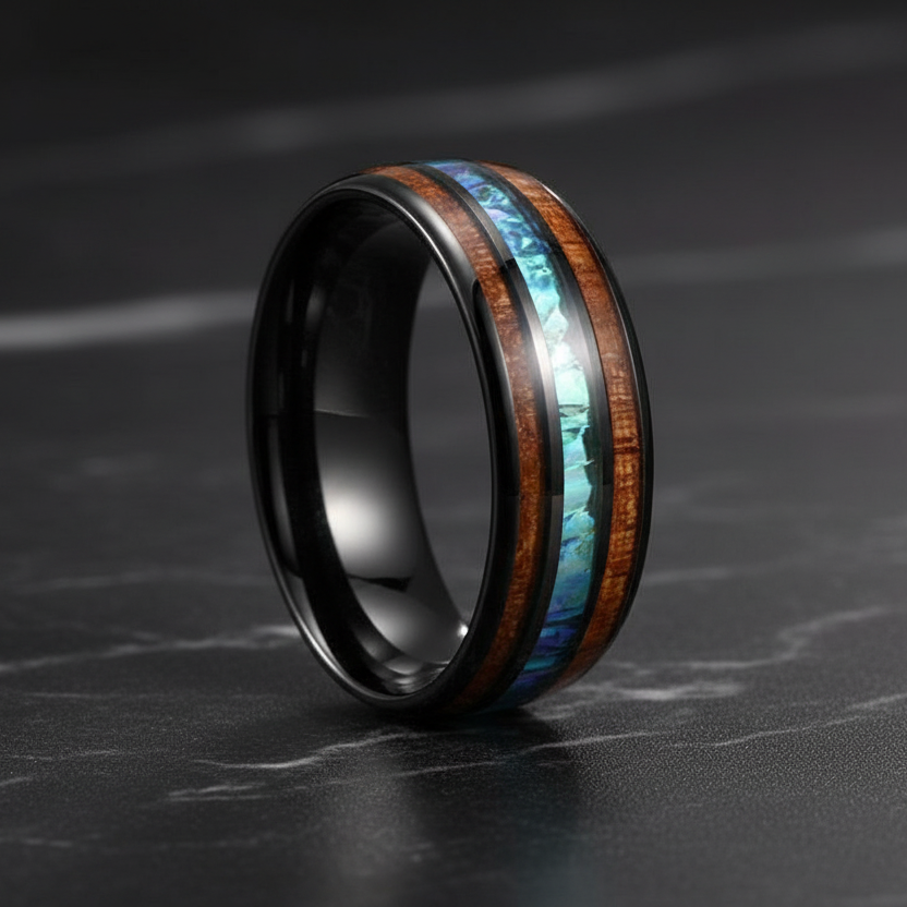 Koa Wood & Acacia Opal Inlay Tungsten Band
