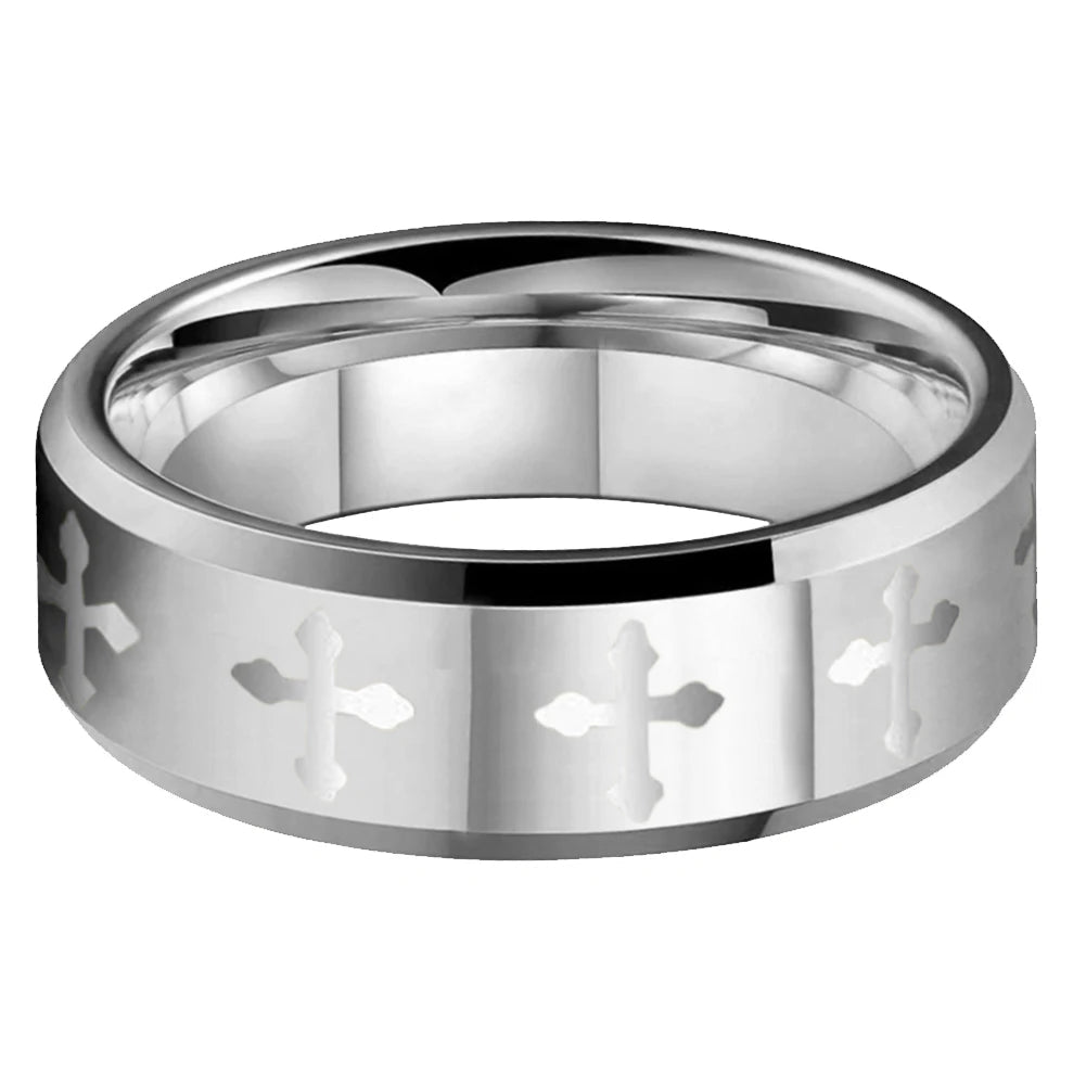 Laser-Engraved Cross Matte Tungsten Ring