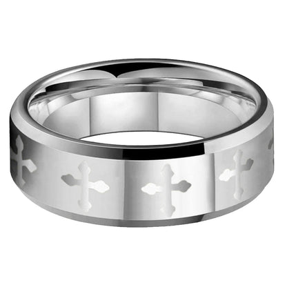 Laser-Engraved Cross Matte Tungsten Ring
