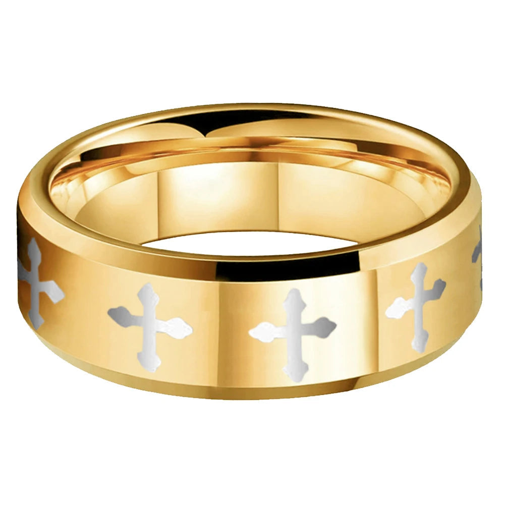 Laser-Engraved Cross Matte Tungsten Ring