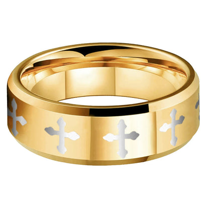 Laser-Engraved Cross Matte Tungsten Ring