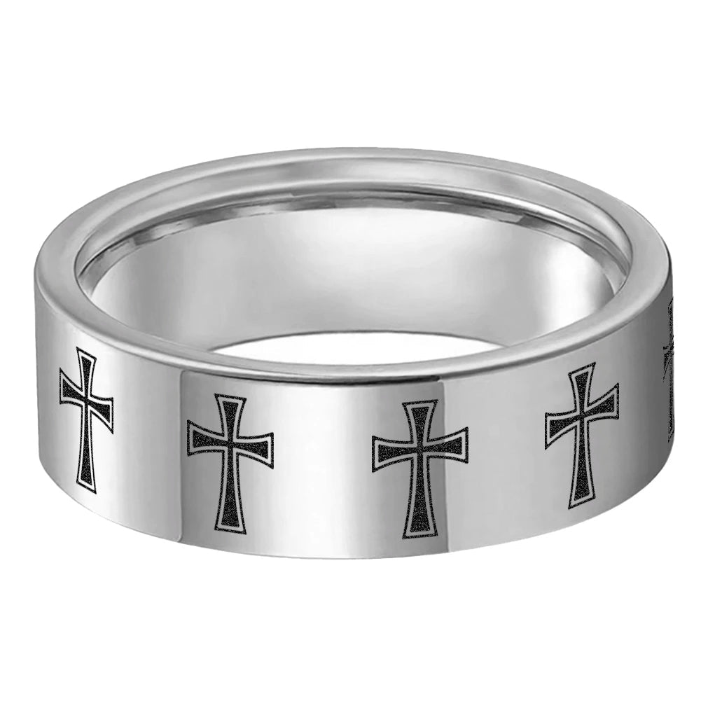 Laser Engraved Cross Tungsten Wedding Band