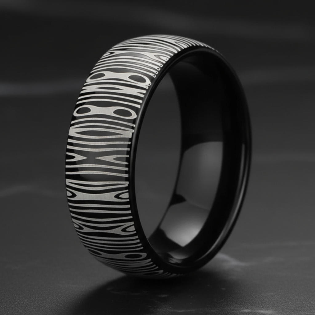 Laser Engraved Damascus Tungsten Ring