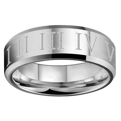 Laser Carved Roman Numeral Tungsten Ring