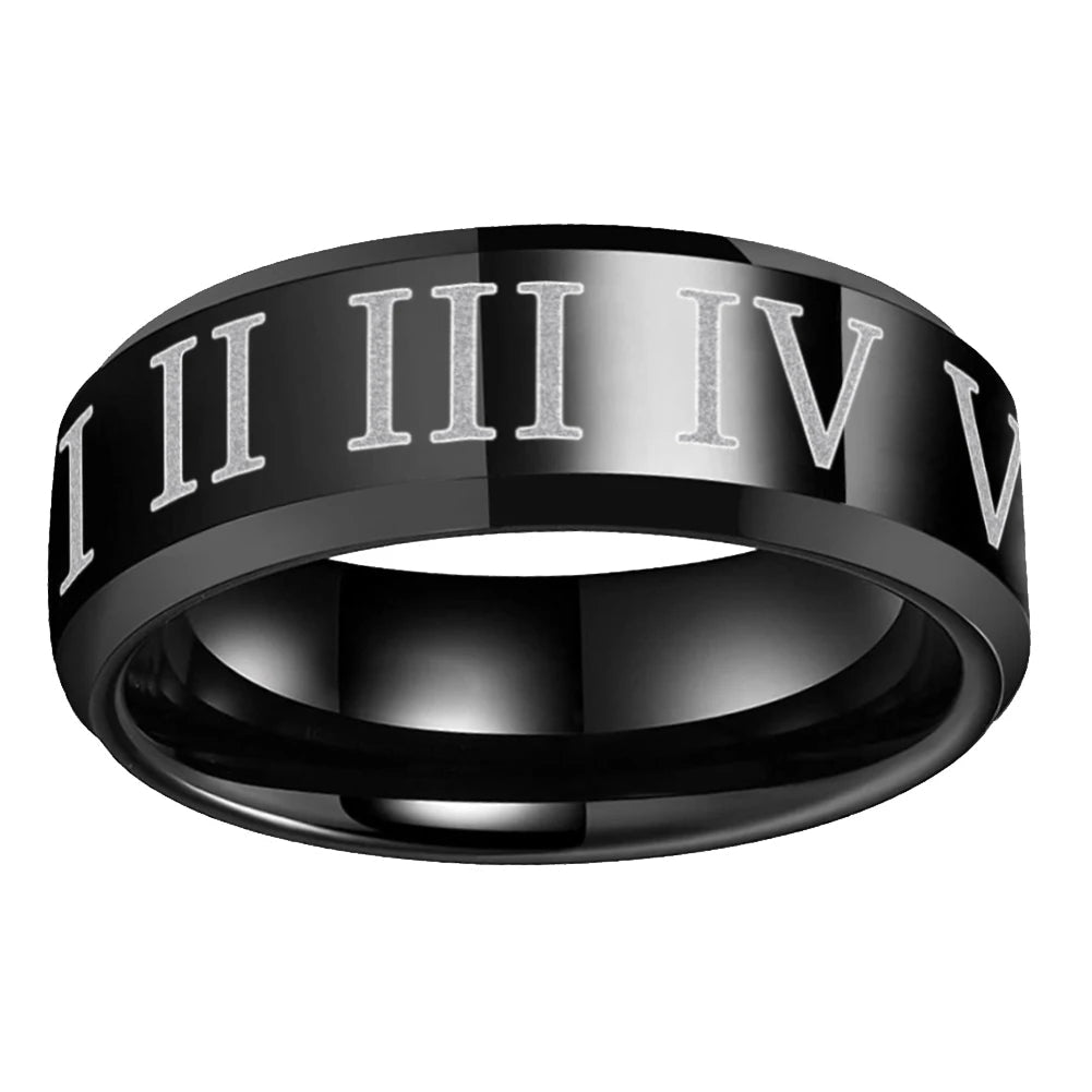 Laser Carved Roman Numeral Tungsten Ring